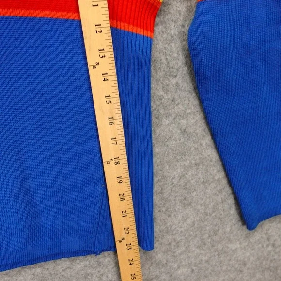 Vintage Ski Sweater Womens L Blue Yellow Red Colorblock Stripe 70s OSSI Slim Fit - Picture 6 of 12